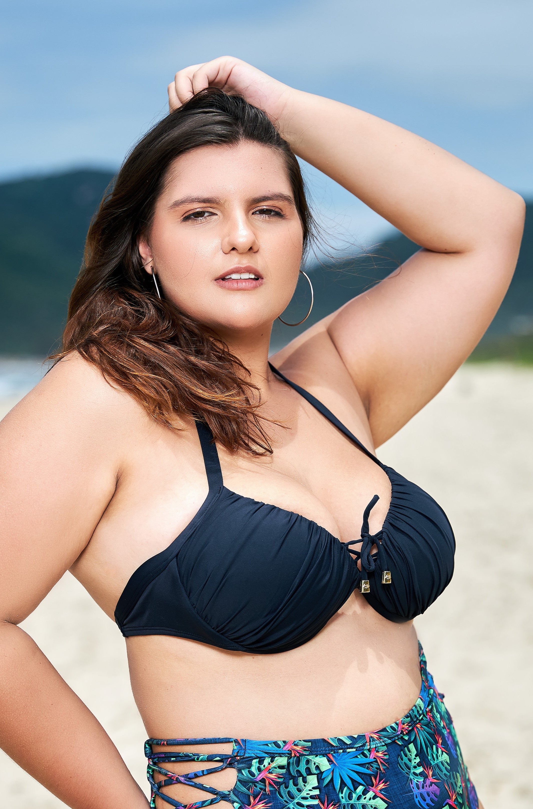 Mix & Match: Plus size balconette top + high waisted bikini bottoms with side lacing - Bird of Paradise in blue