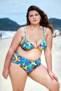 Plus size bikini set: Triangle bra top and bikini bottoms with side straps - Bird feathers