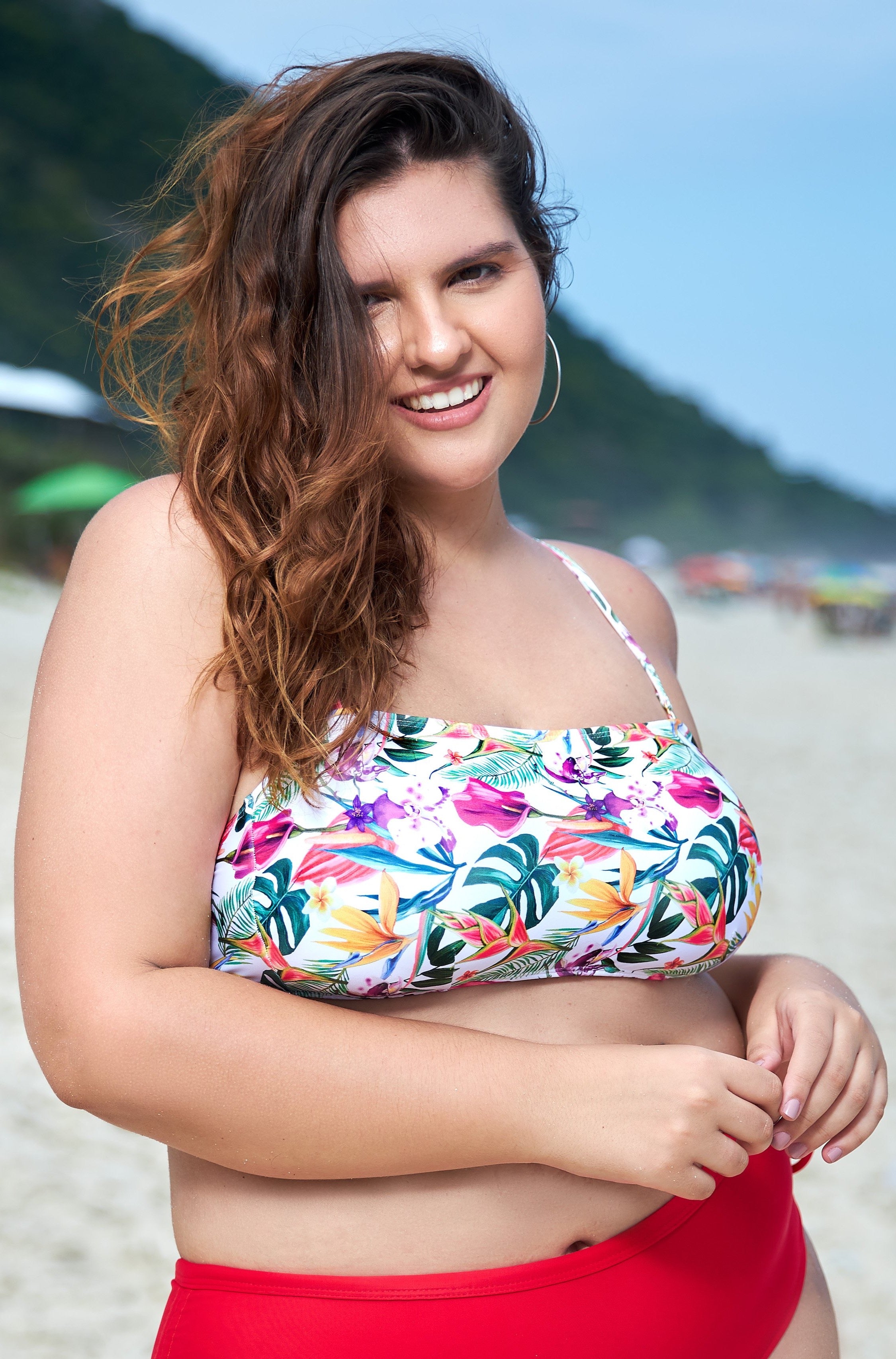 Mix & Match: Plus size bandeau top + bikini bottoms with wide sides - Bird of Paradise & orchids