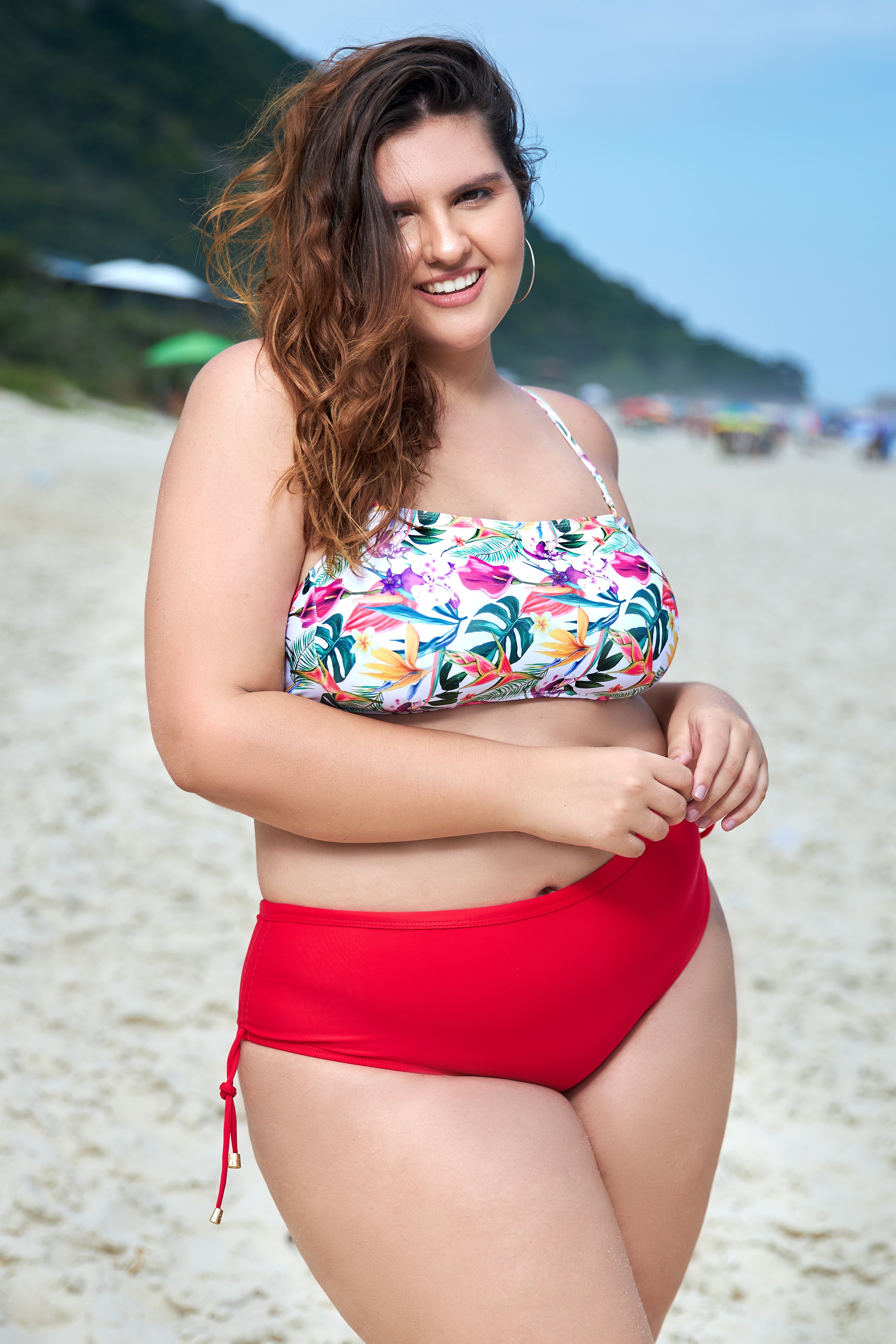 Mix & Match: Plus size bandeau top + bikini bottoms with wide sides - Bird of Paradise & orchids