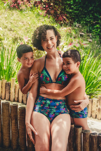 Mix & Match: Triangle top + high waisted bikini bottoms with side lacing - Bird of Paradise in blue