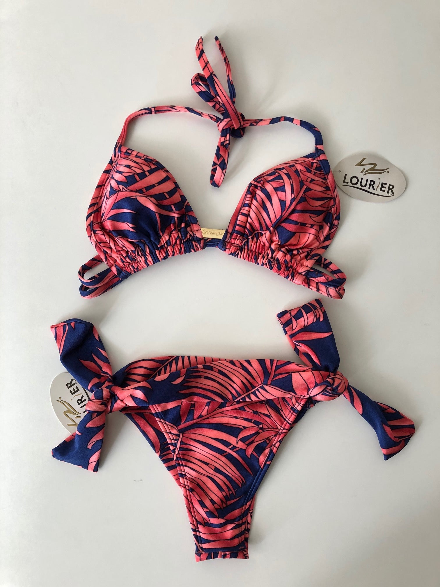 Mix & Match: Triangle top and bikini bottoms with side ties- Pink forest 