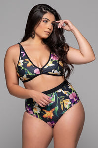 Black Floral Übergröße Bikini Set mit hoch taillierter Bikinihose Gr. 40 bis 48